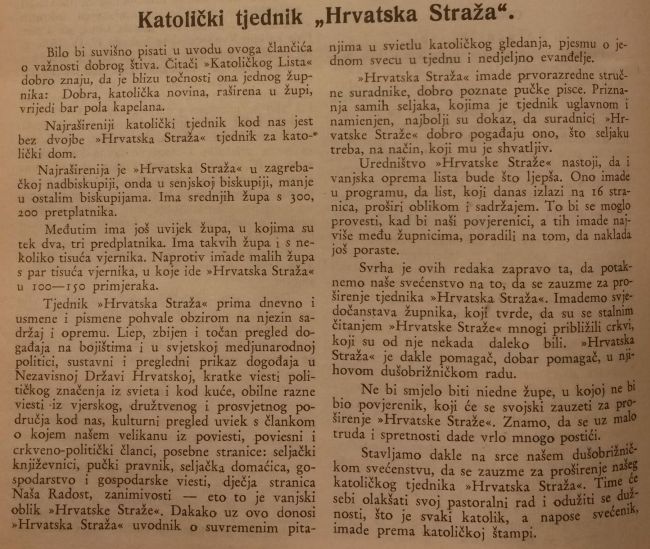 Katolički list preporučuje čitanje Hrvatske straže, tjednika koji tijekom cijele 1942. godine nije imao Hitlera, Pavelića ili Mussolinija na svega - tri naslovnice 