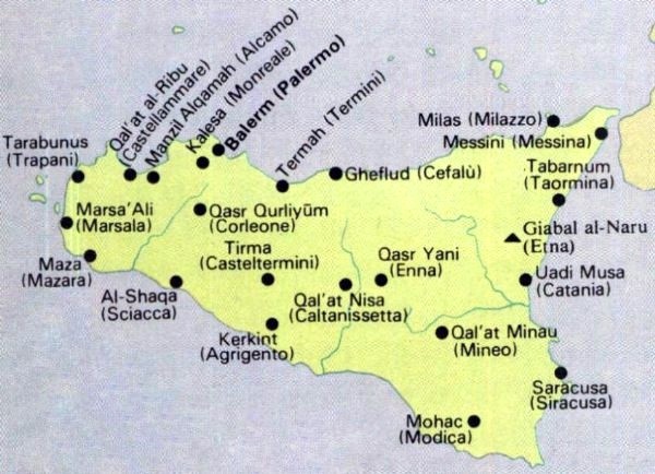 Mapa Sicilije i imena gradova, regija, koje su zapravo današnje izvedenice od nekadašnjih arapskih naziva